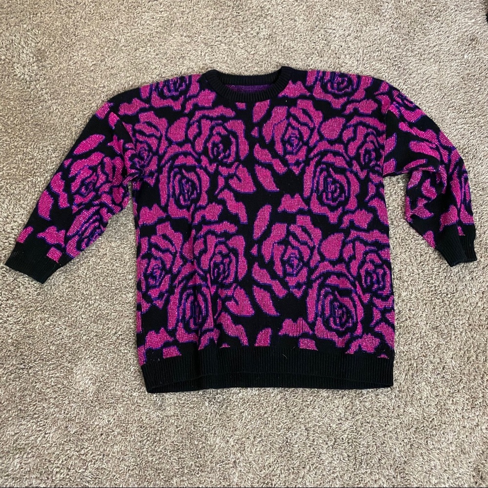 80’s vintage sparkle sweater pink rose print (L)